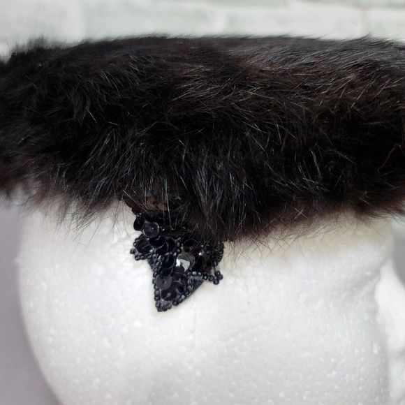 Vintage 50s 60s Black Mink Fur Hat Furry Halo Winter Fascinator Hat Sequin Side - Picture 6 of 8